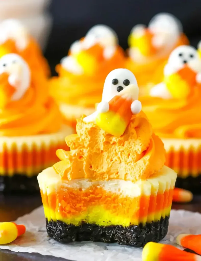 Mini Candy Corn Cheesecakes. Halloween Desserts