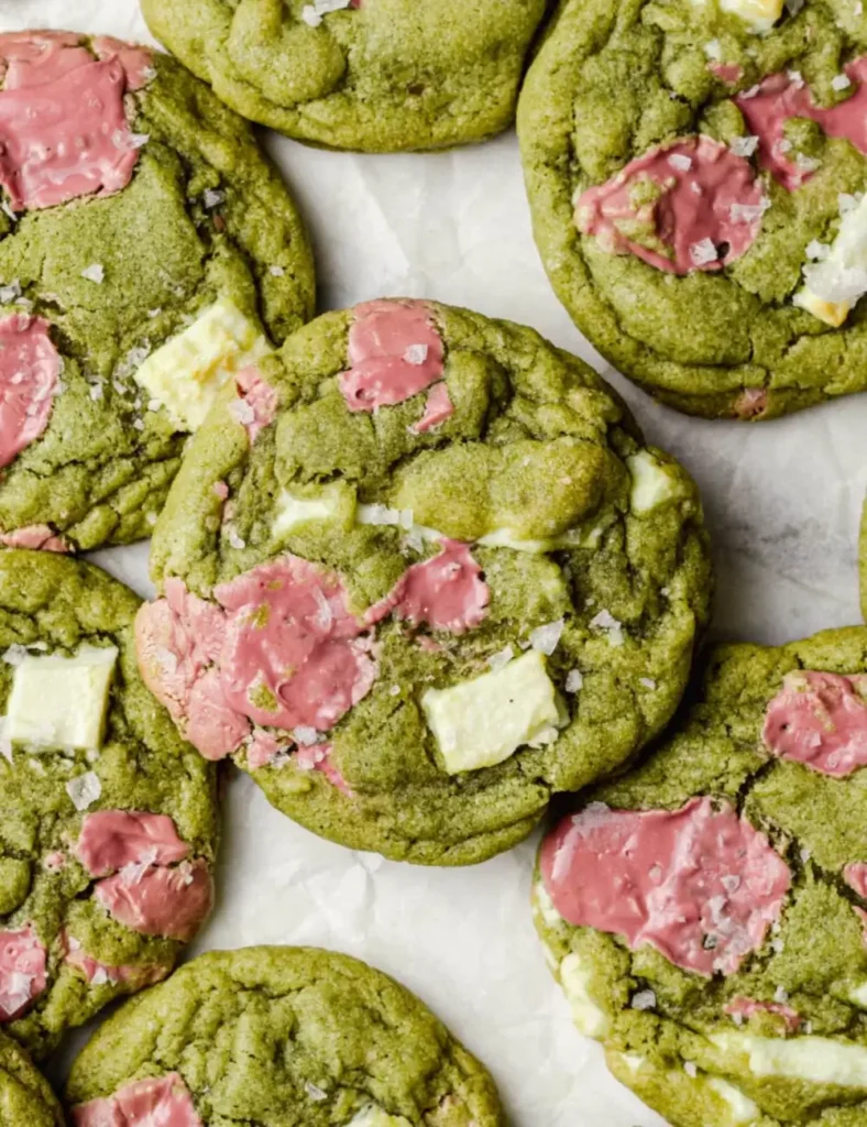 Ruby and white chocolate chewy matcha cookies