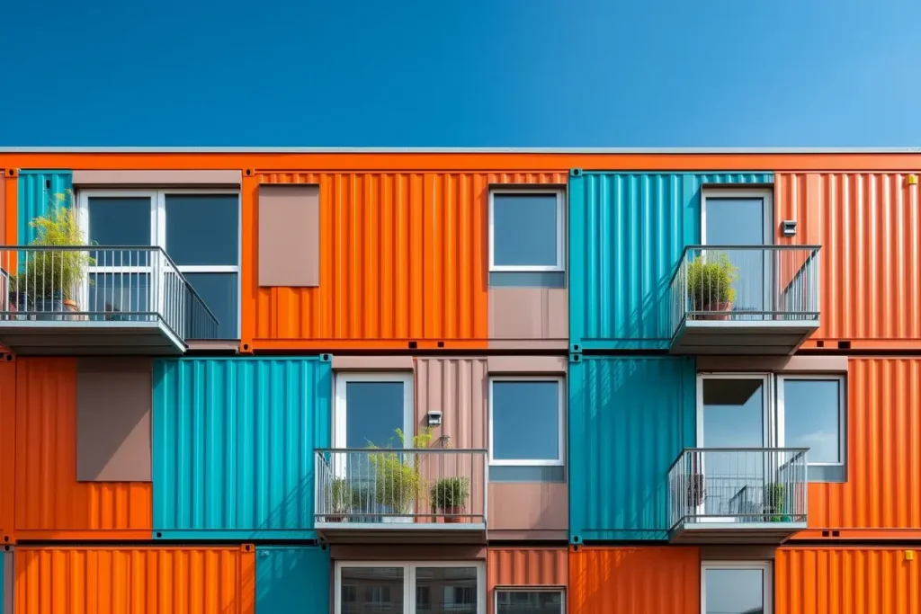 Modular apartment house made of colorful cargo containers. Eco friendly housing construction concept. Urban living design, architecture. Apartment Names