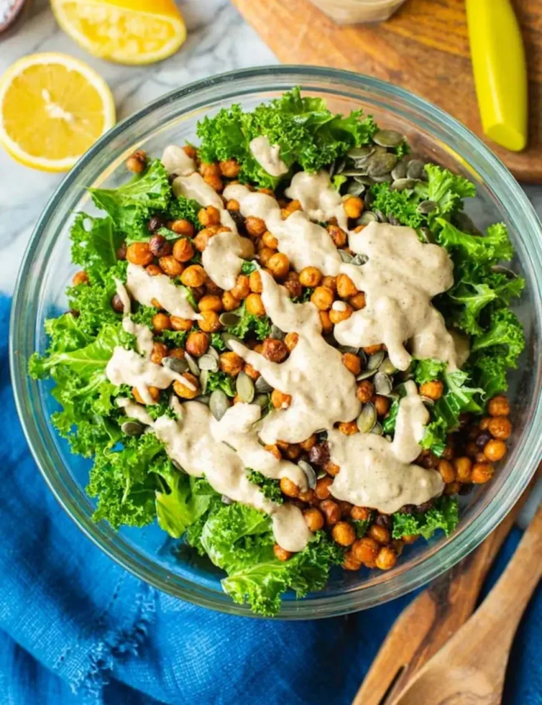 Roasted Chickpea Kale Salad with a Creamy Tahini Dressing