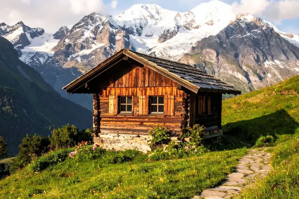 Scenic Wooden Cabin in Swiss Alps Mountains. Cabin Names