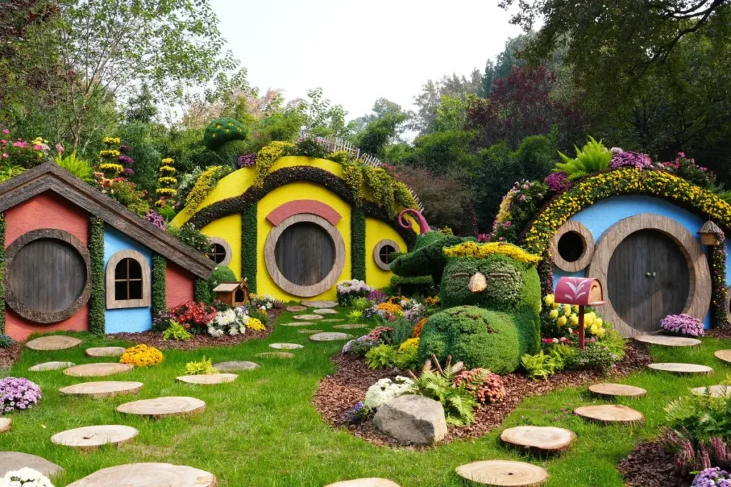 Whimsical garden featuring colorful, flower-covered hobbit-style homes surrounded by lush greenery. Funny House Names