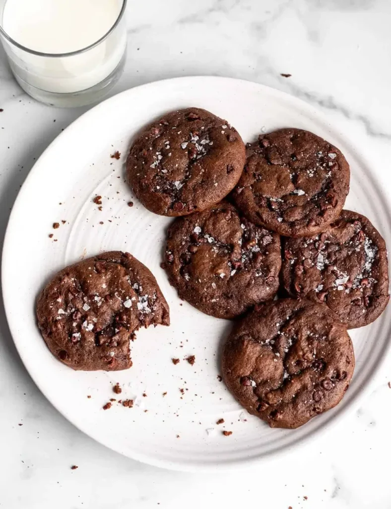 Overhead shot of chocolate cookies with mini chocolate chips and flaky salt on top, one broken in half on a white plate next to a glass of milk.