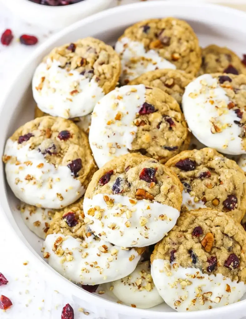 Overhead shot of oatmeal cookies studded with cranberries and pecans, half dipped in white chocolate and sprinkled with chopped nuts, piled in a white bowl.