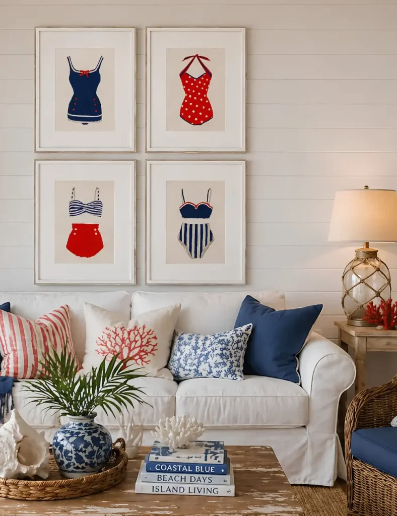 Coastal living room with a gallery wall of vintage swimsuit prints, red and blue nautical pillows, and a rope-wrapped lamp on a side table.