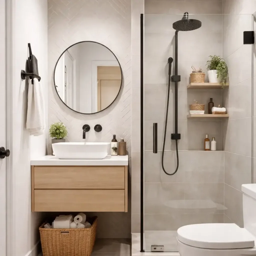 Small modern bathroom with floating oak vanity, round black mirror, walk-in shower with matte black rainfall shower head, and a woven basket of toilet paper