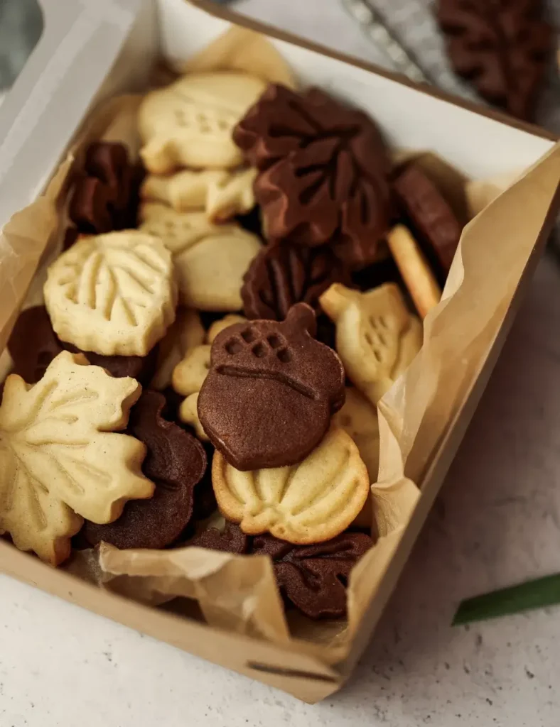 Box of cinnamon and chocolate cut-out cookies shaped like maple leaves, acorns, and pumpkins.
