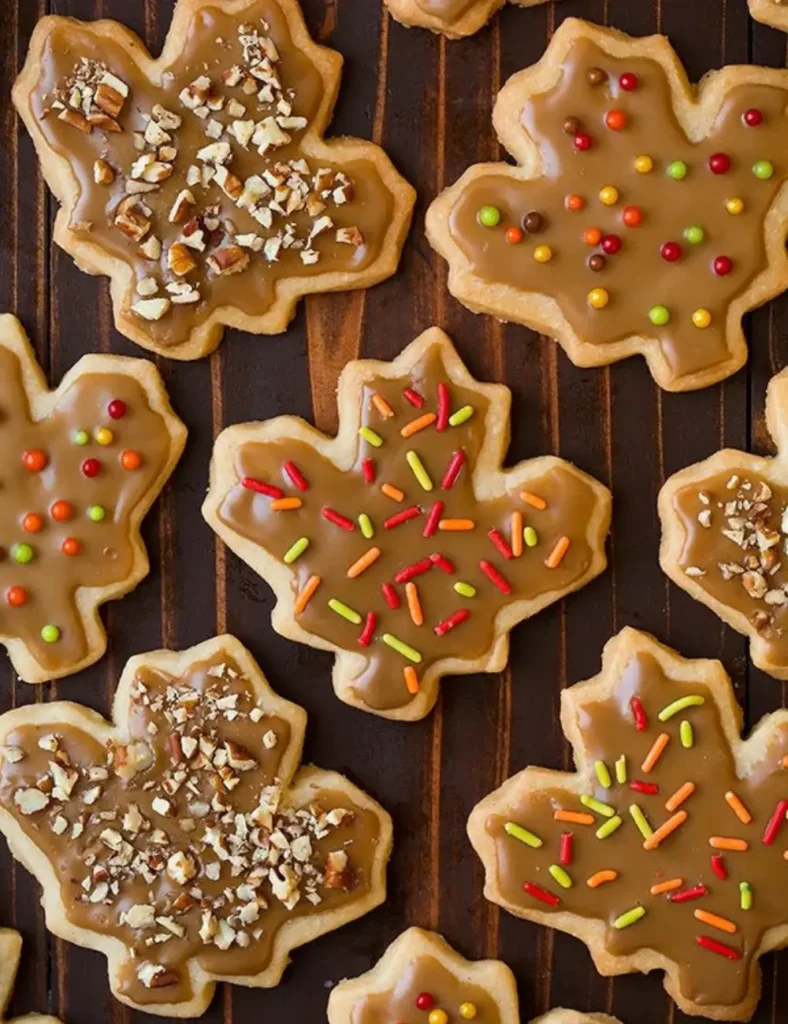 Overhead shot of maple leaf shaped shortbread cookies coated in a caramel colored maple glaze, some topped with chopped pecans and others with fall colored sprinkles, arranged on a dark wood surface.