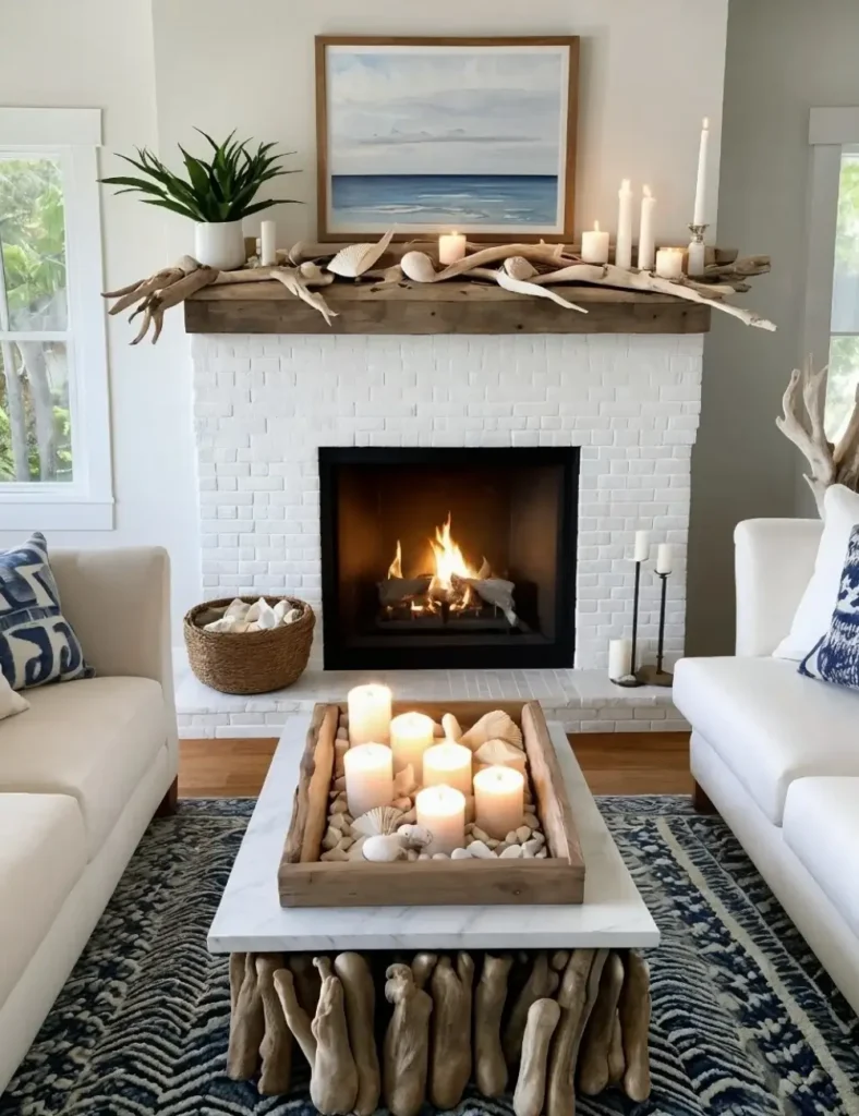 White brick fireplace with a driftwood-styled mantel, ocean artwork, taper candles, and a driftwood-base coffee table on a navy patterned rug.
