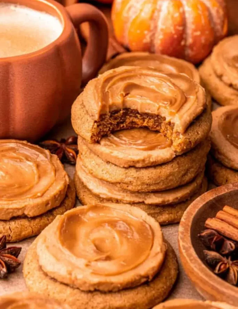 Stack of frosted pumpkin spice latte cookies with a bite taken out, next to a mug of coffee and a mini pumpkin.