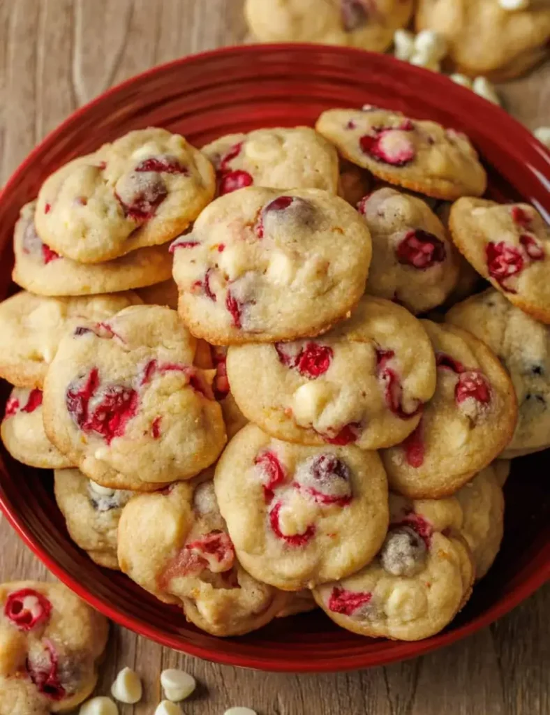 Overhead shot of soft cookies studded with white chocolate chips and fresh cranberries, piled high in a red bowl.
