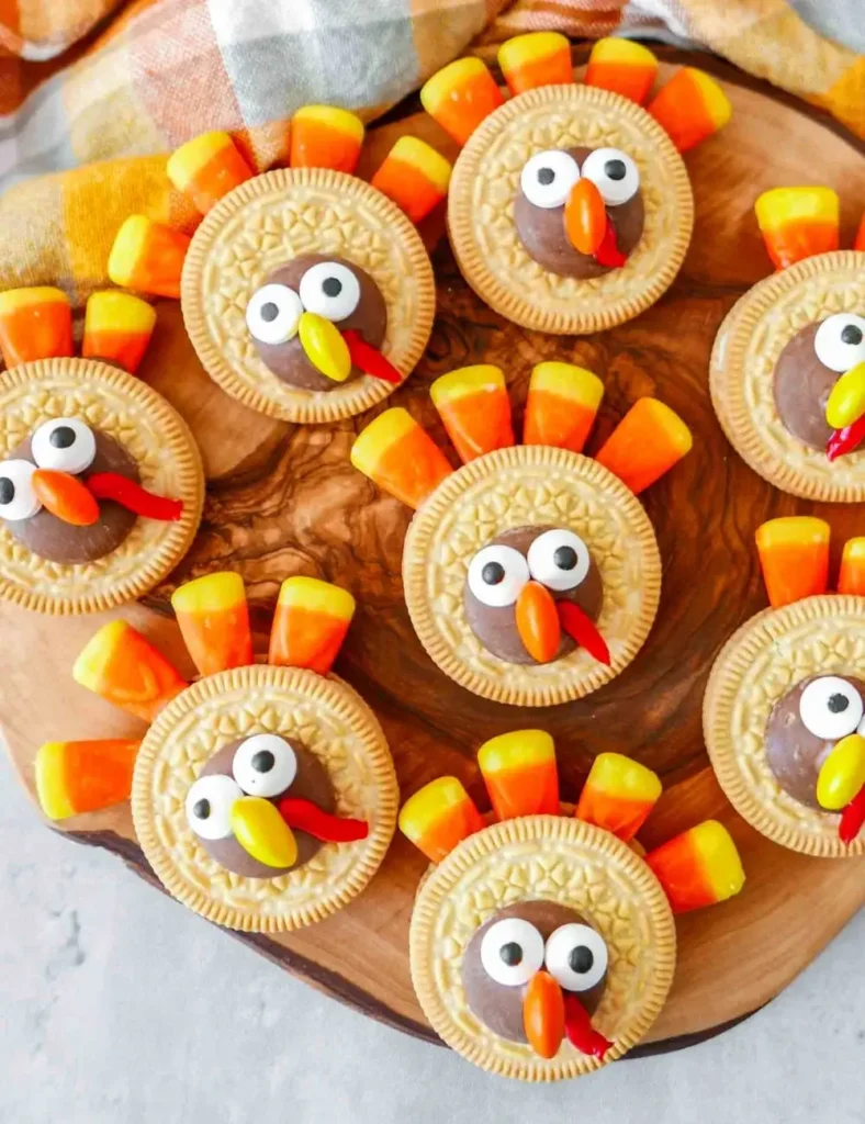 Overhead shot of round sandwich cookies decorated with candy eyes, a candy corn beak, and candy corn pieces fanned out like turkey feathers, arranged on a wood board.