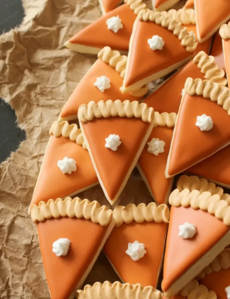 Triangle shaped sugar cookies decorated with orange royal icing to look like pumpkin pie slices, each topped with a small dollop of white icing to look like whipped cream, arranged on brown parchment paper.