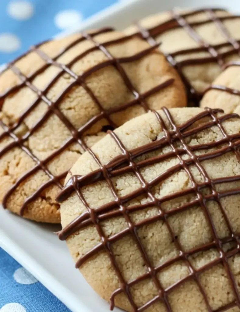 Close-up of peanut butter cookies drizzled with a chocolate lattice pattern, arranged on a white plate.