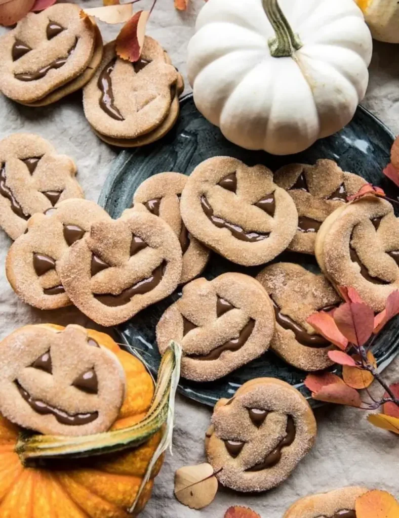 Overhead shot of cinnamon sugar coated cookies cut and shaped into jack-o'-lantern faces with melted chocolate showing through the features, arranged on a plate with mini pumpkins and fall leaves.