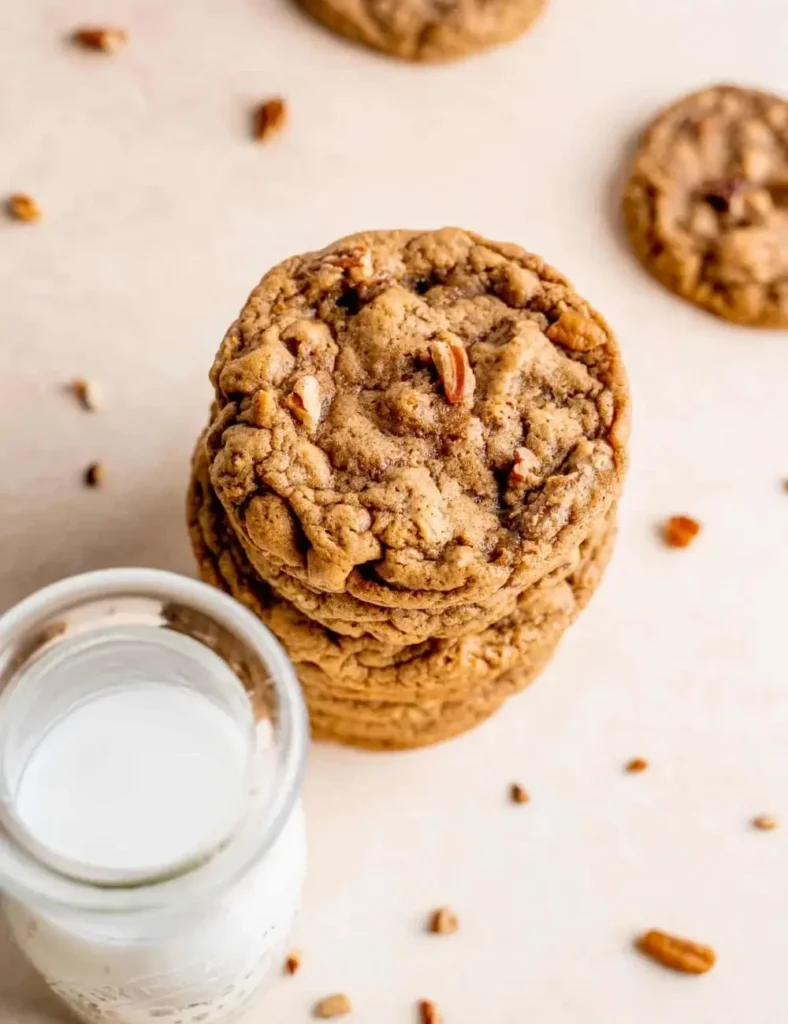 Stack of maple pecan cookies with visible pecan pieces, served beside a small glass of milk.