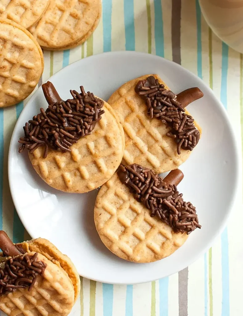 Overhead shot of Nutter Butter cookies dipped in chocolate and chocolate sprinkles with a pretzel stem, arranged on a plate to look like acorns.