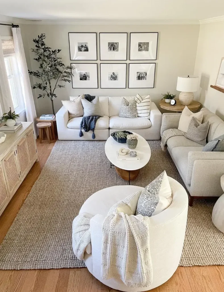 Modern coastal living room with a cream boucle swivel chair, jute rug, black and white photo gallery wall, and a rattan cabinet.