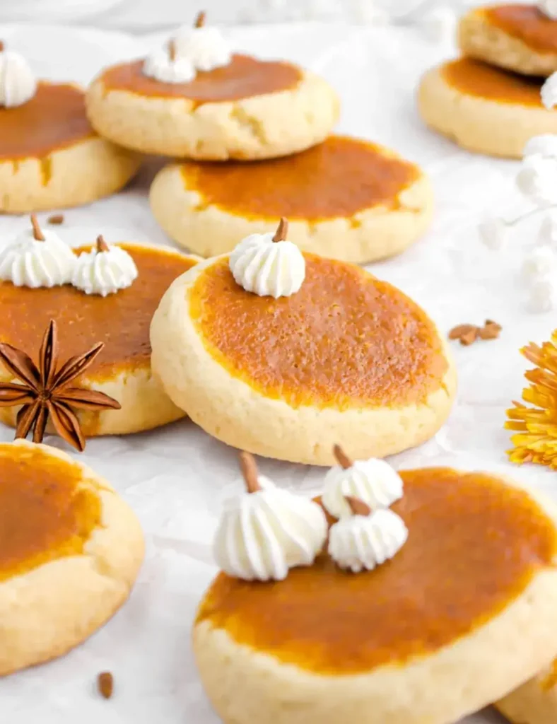 Sugar cookies with a pumpkin pie filling center, some topped with small whipped cream dollops.