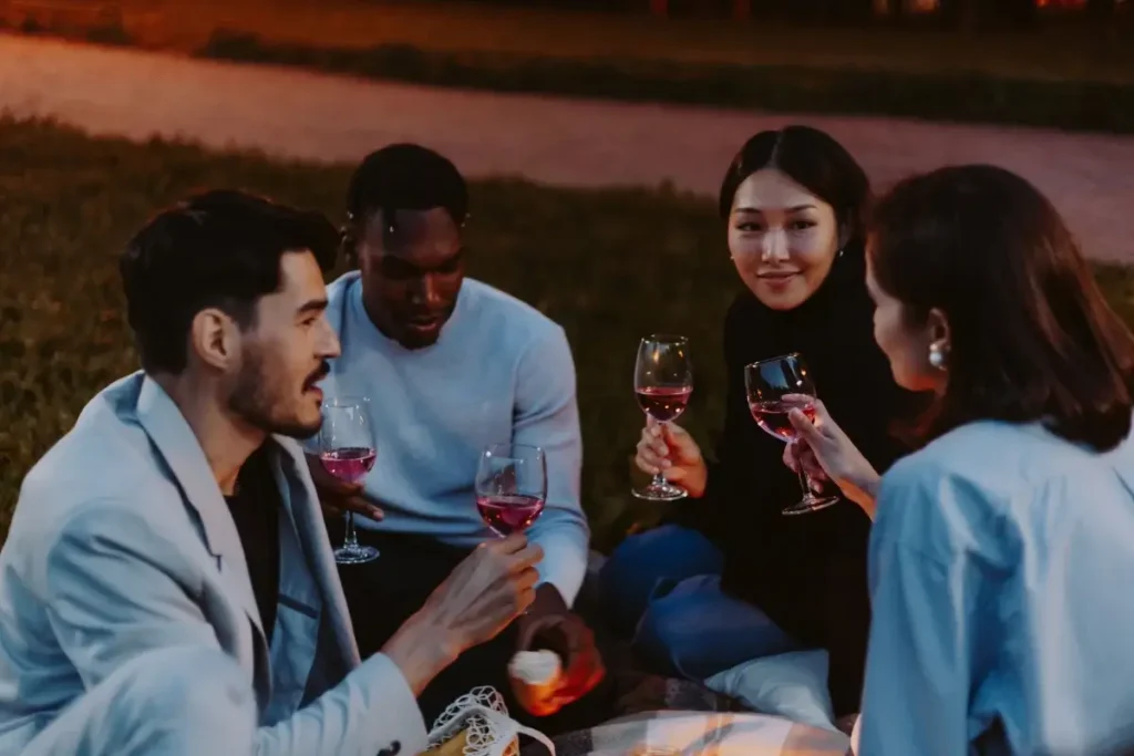 A group of diverse friends enjoying an evening picnic with wine outdoors. Date Night Ideas