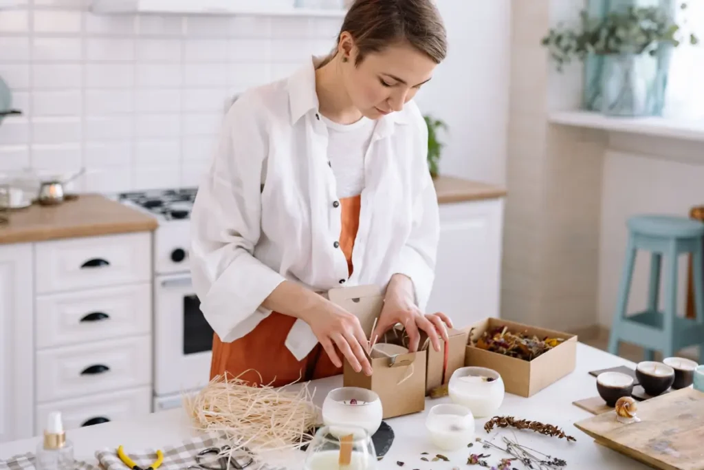 Woman making handmade candles at home for her small business.