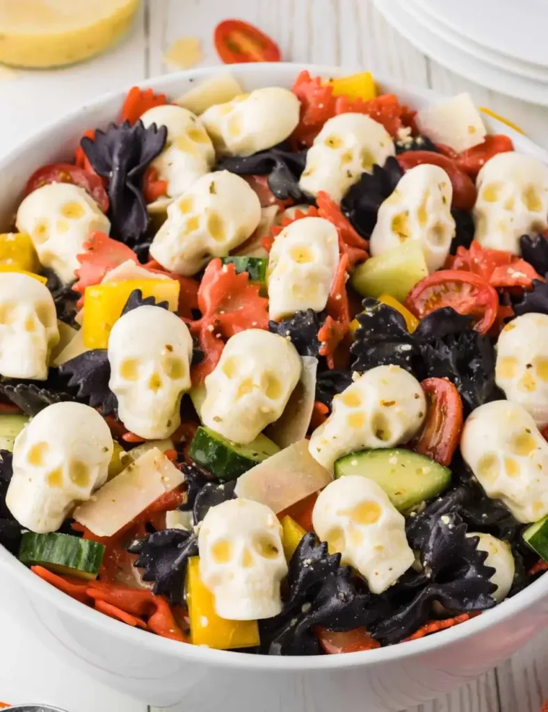 Black and orange dyed bow tie pasta salad with mozzarella skulls and chopped bell peppers in a large white bowl
