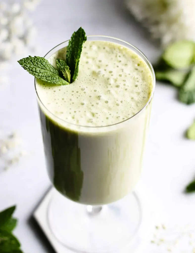 Bright green mint matcha smoothie in a tall glass garnished with a fresh mint sprig