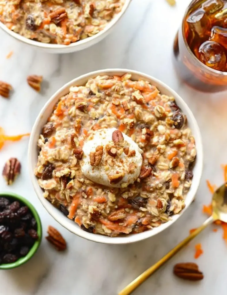 Carrot cake overnight oats in a glass jar topped with grated carrot and chopped walnuts