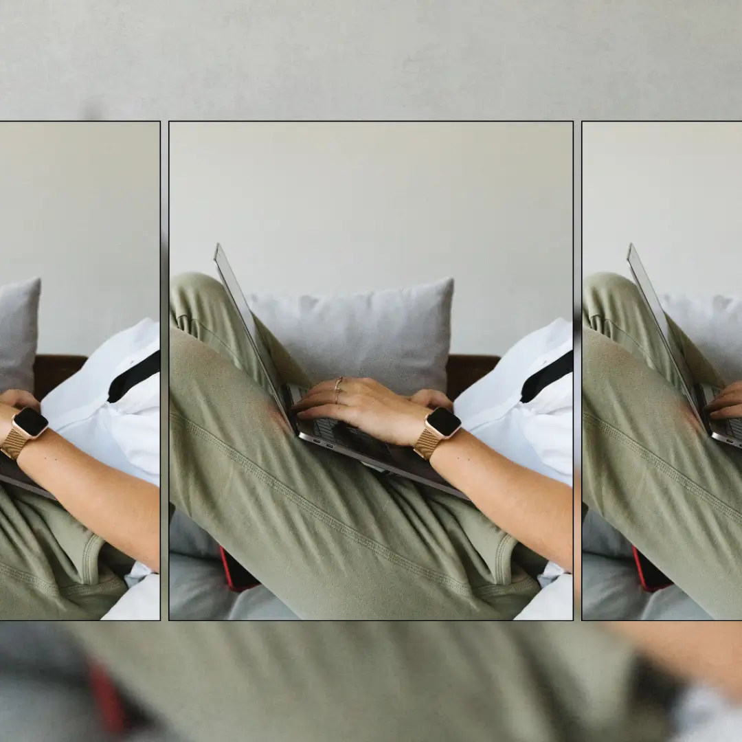 Woman working on a laptop on the sofa in olive loungewear, shown in a repeated three-panel layout.