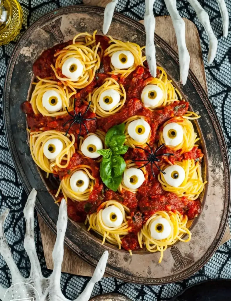 Halloween spaghetti nests in tomato sauce topped with mozzarella eyeballs with black olive pupils on a metal platter
