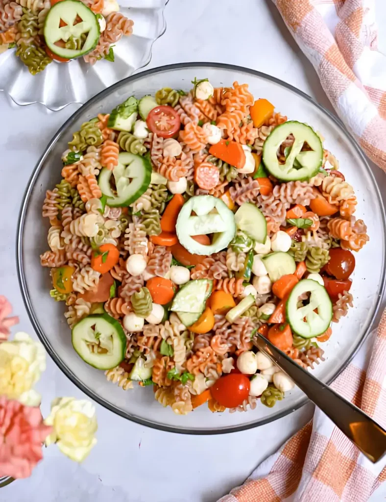 Halloween pasta salad with tricolor pasta, mozzarella pearls, and cucumber slices carved into jack-o'-lantern faces
