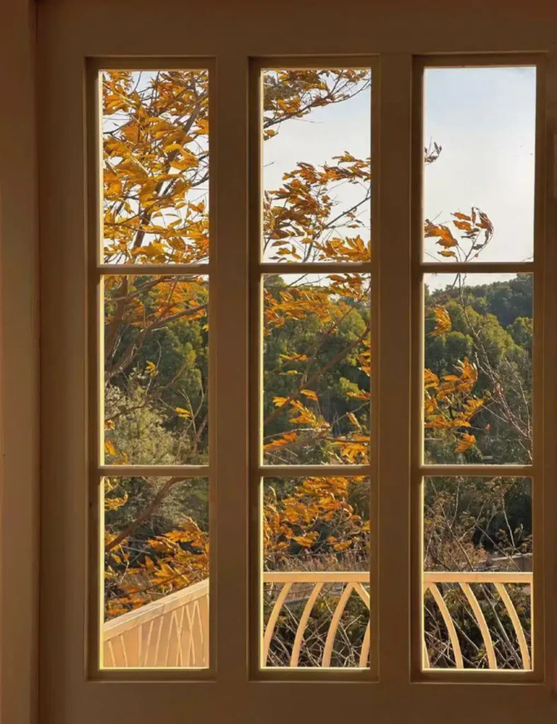 Nine-pane window with warm light and golden autumn leaves visible outside