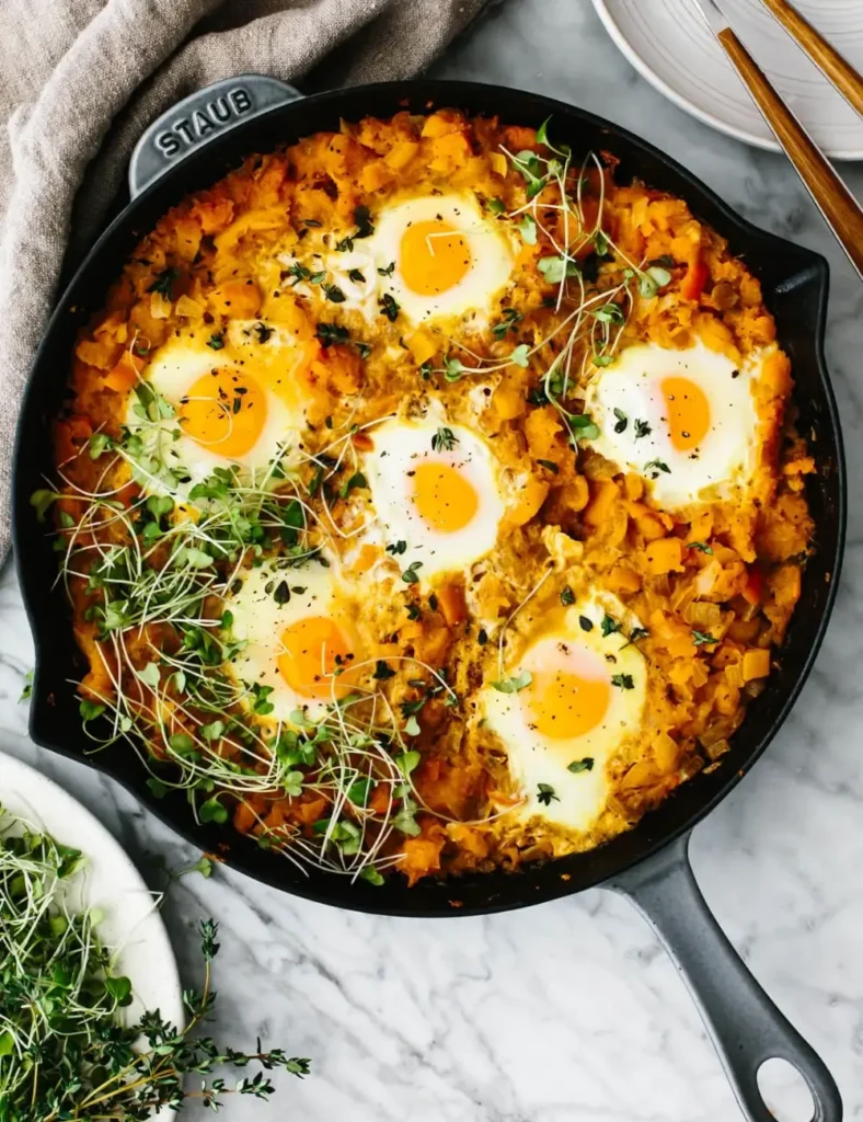 Orange shakshuka with butternut squash and poached eggs in a skillet, garnished with herbs