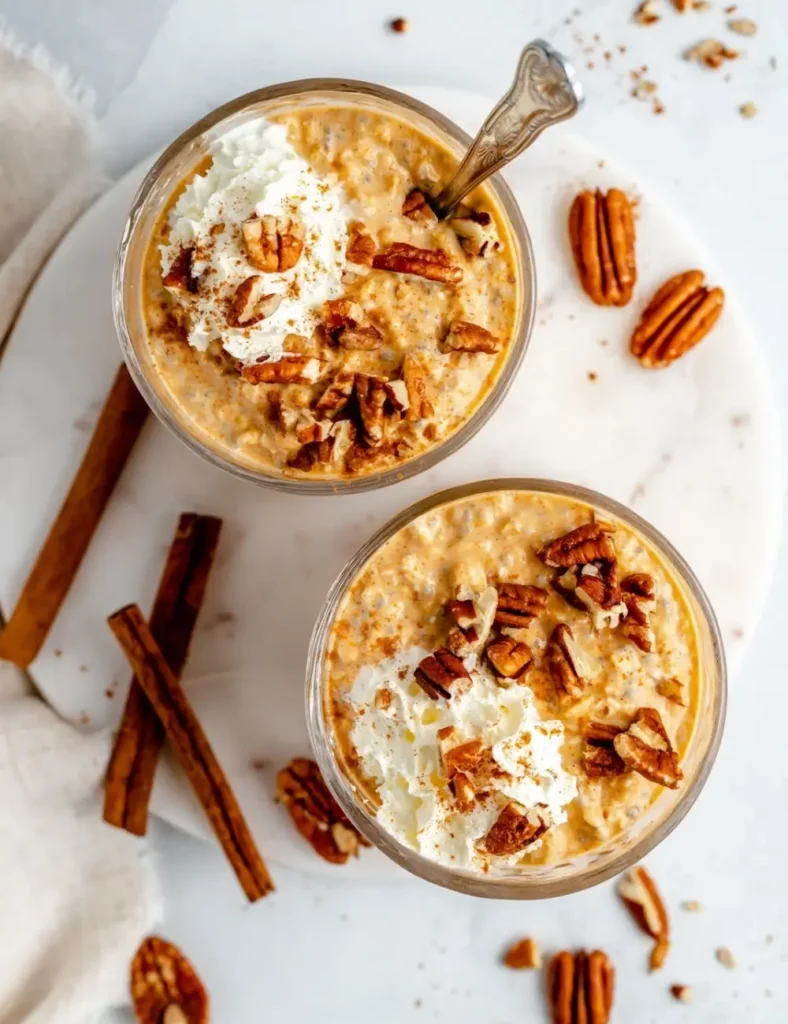 Pumpkin pie overnight oats in a mason jar layered with yogurt and pumpkin seeds