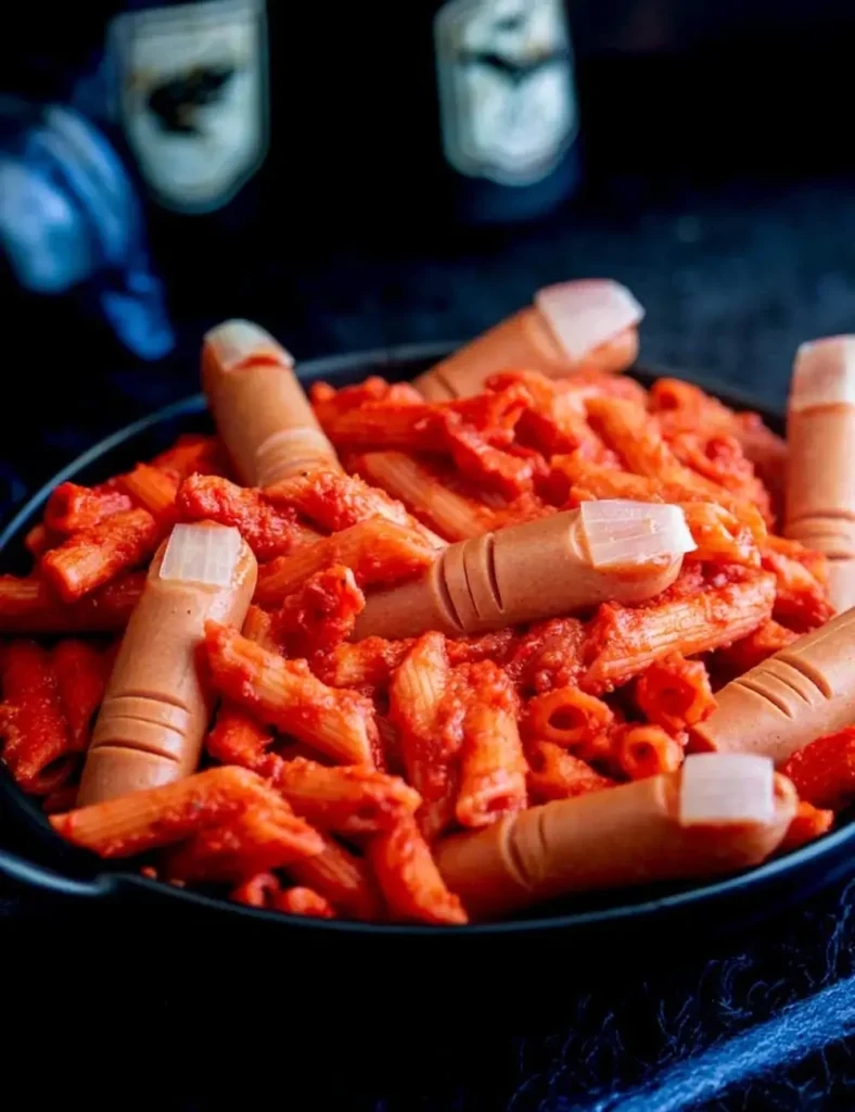 Red penne pasta in a black bowl with frankfurter severed fingers topped with onion square fingernails