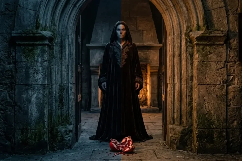 Silhouette of a woman on a stone threshold with a split pomegranate at her feet