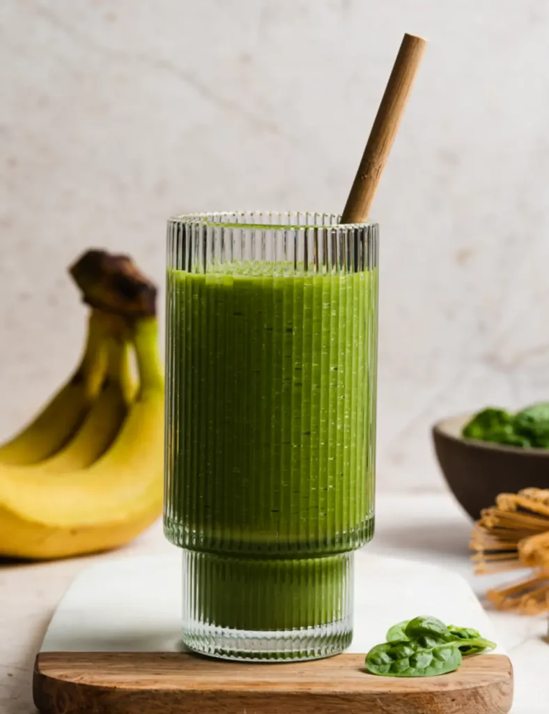 Vivid green spinach matcha smoothie in a ribbed glass made with banana and pineapple