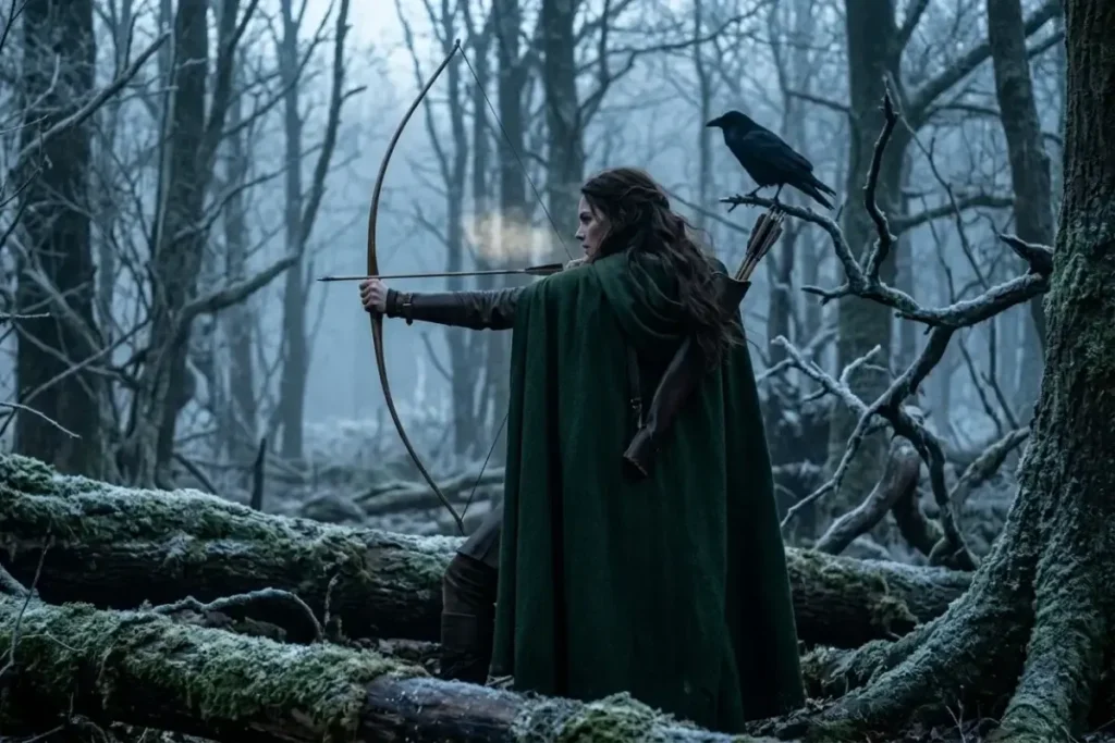 Woman's hand drawing back a bowstring in a dark forest