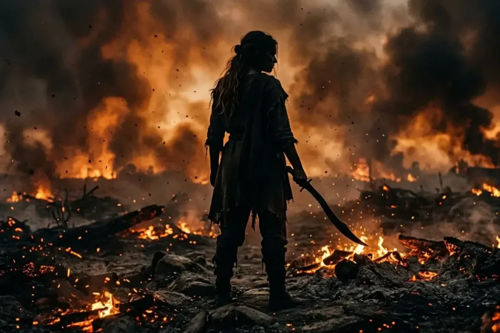 Woman's hand holding a curved blade above scorched ground