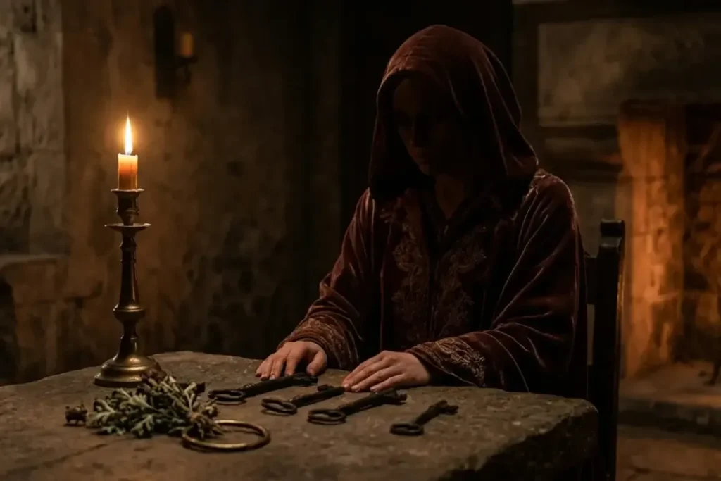 Woman's hands resting over three iron keys and a lit candle on stone