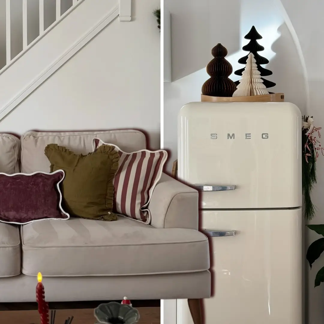 Small apartment Christmas decor with festive cushions on a cream sofa and paper trees on top of a retro fridge.