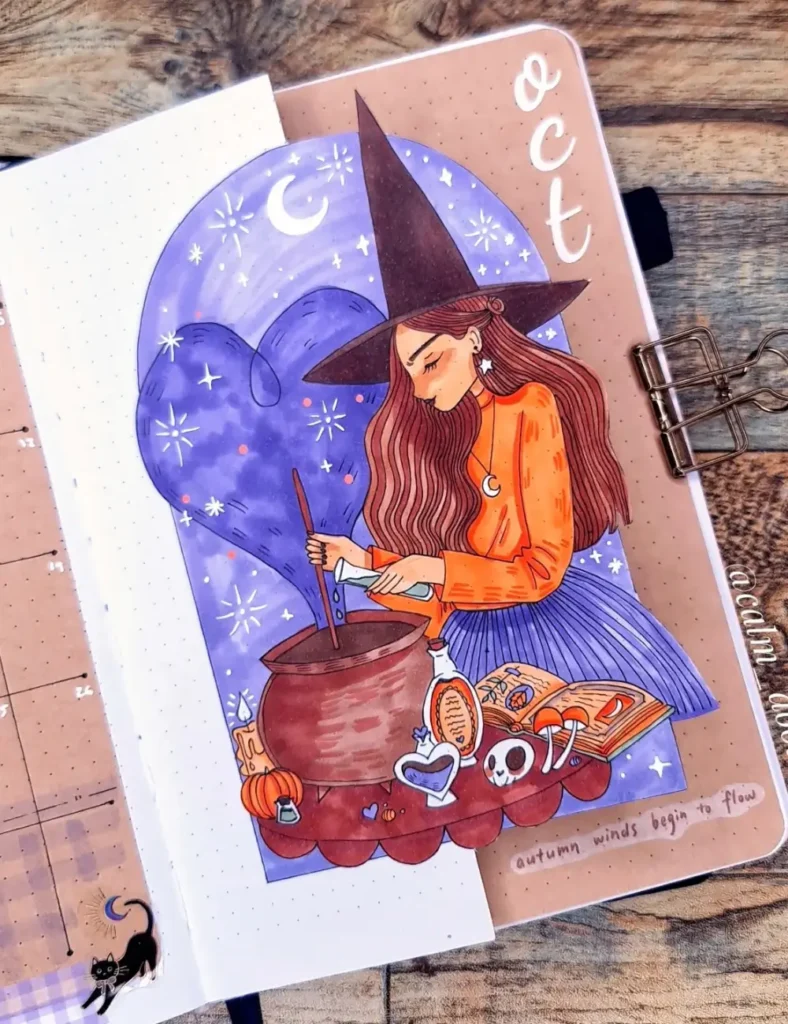 Illustrated October cover page showing a witch stirring a cauldron under a crescent moon with potion bottles and a skull