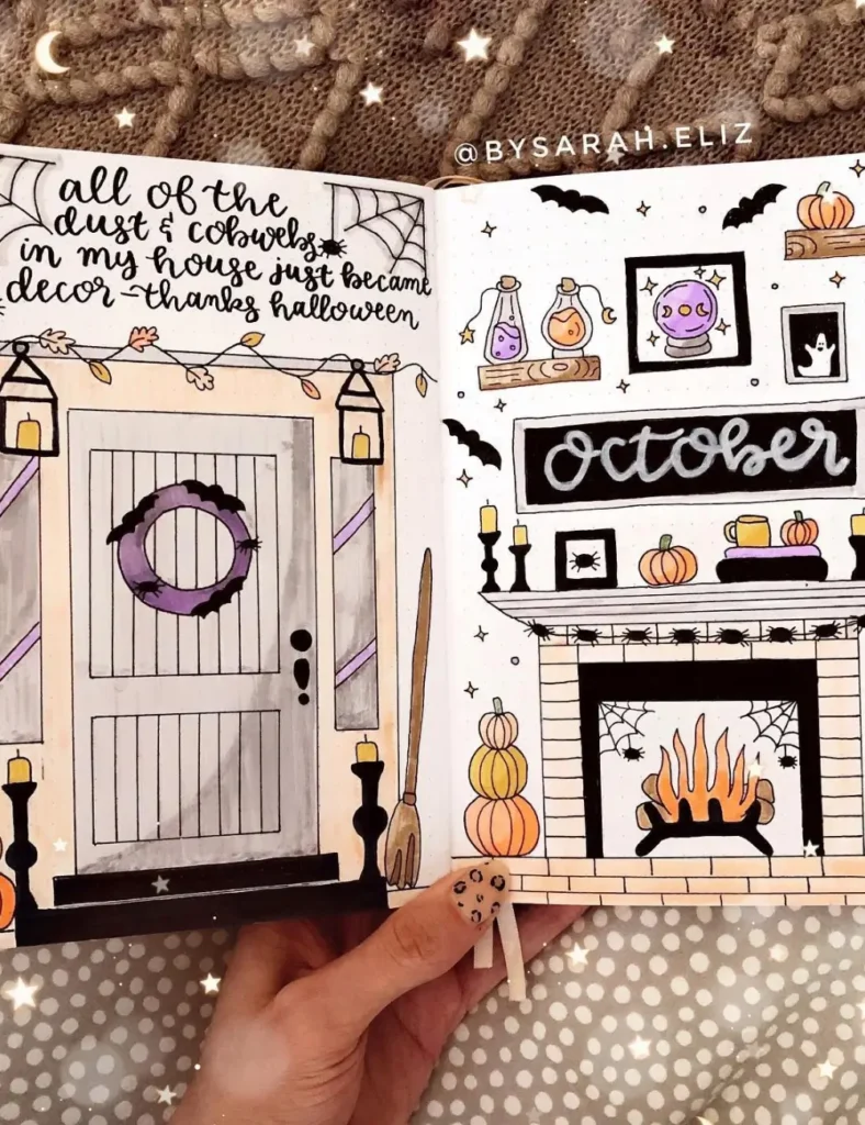 Illustrated Halloween bullet journal spread showing a decorated front door and a mantel scene with a fireplace