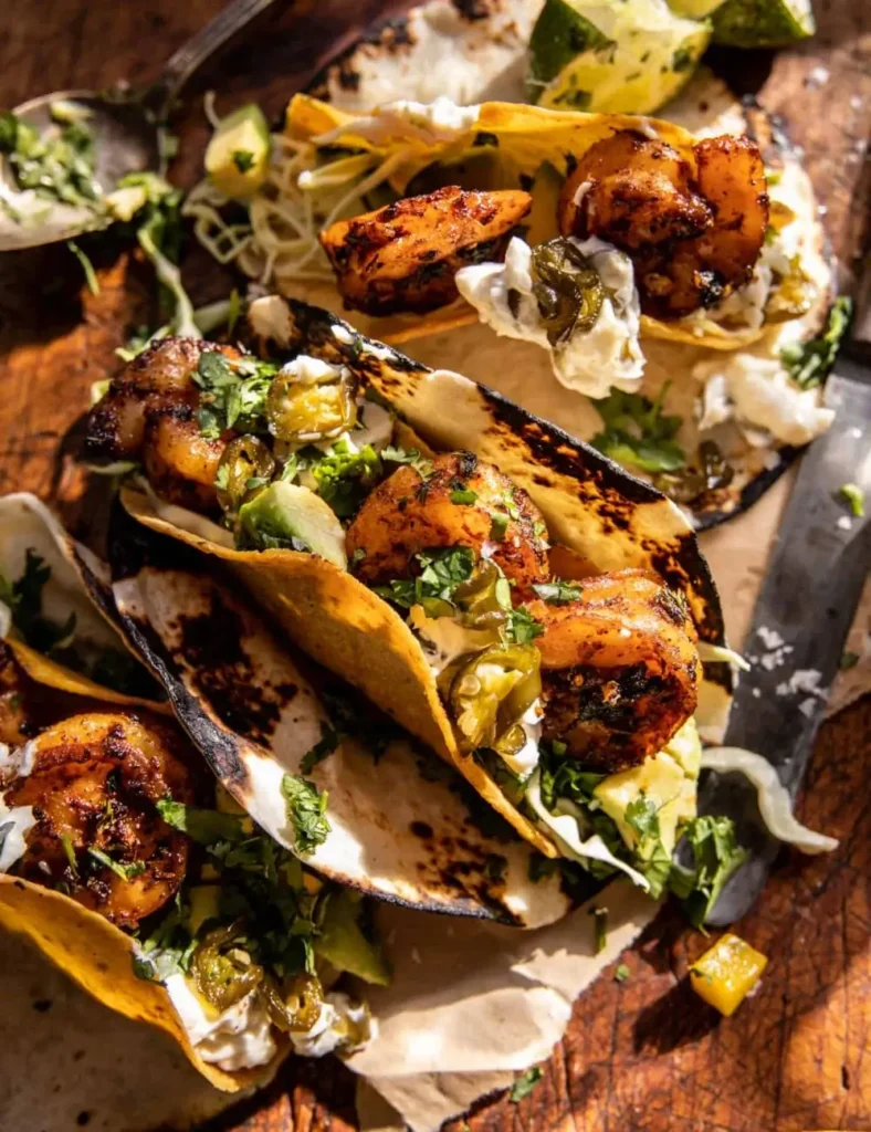 Sheet pan spicy shrimp tacos topped with mango salsa, avocado and jalapeño lime crema