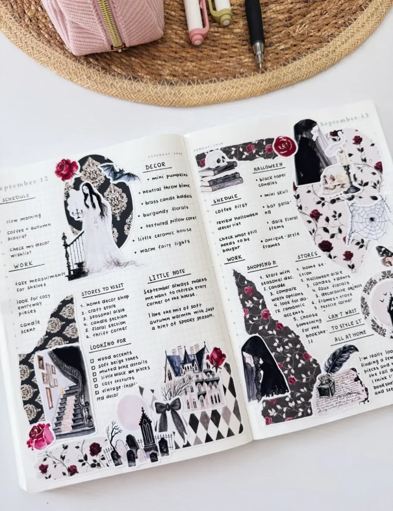 Gothic-themed daily log journal spread with damask patterns, a ghostly woman illustration and rose stickers