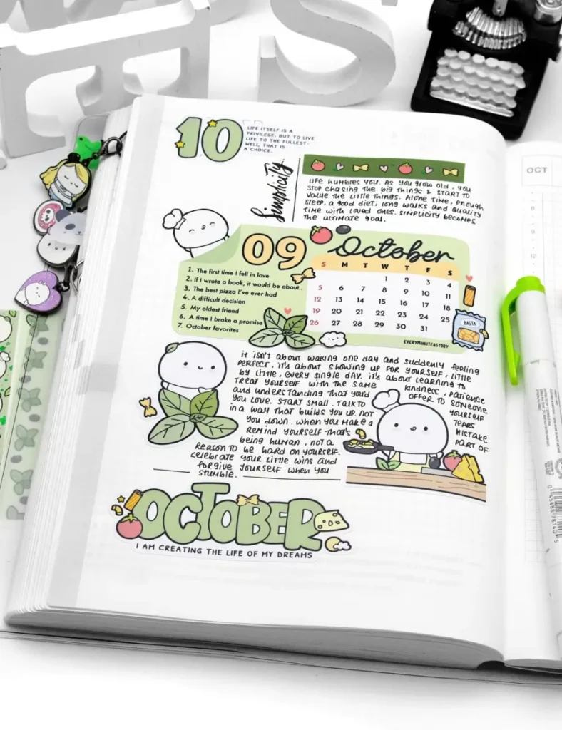 Kawaii-style October journal reflection page with cute pasta character stickers and monthly writing prompts