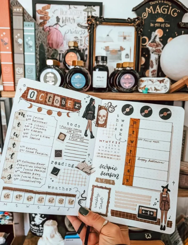 Illustrated October bullet journal spread with a tarot card doodle, weekly calendar grid and daily schedule columns