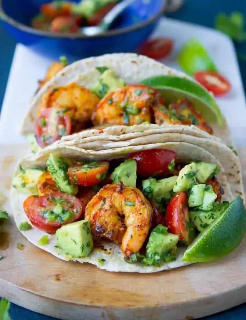 Indian spiced shrimp tacos topped with avocado tomato salsa in soft tortillas