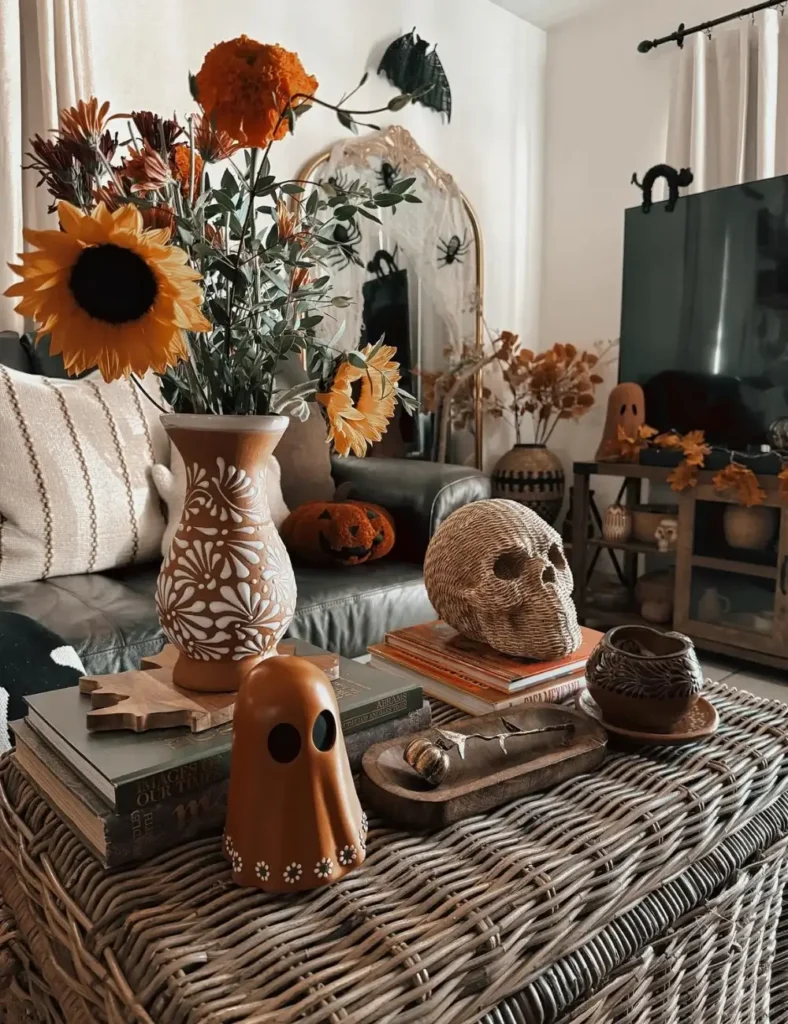 Wicker coffee table styled with a painted terracotta vase of sunflowers, a woven rattan skull, a small clay ghost figurine and books