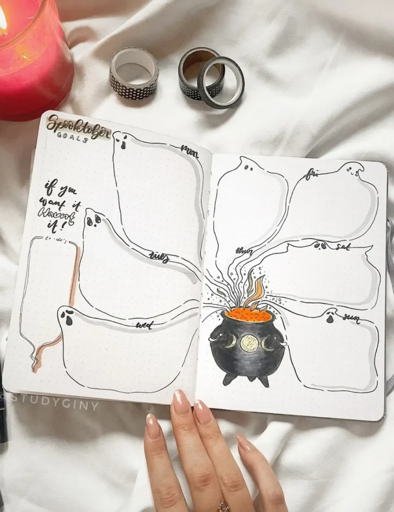 Halloween bullet journal weekly spread with ghost-shaped day sections and a hand-drawn bubbling cauldron illustration